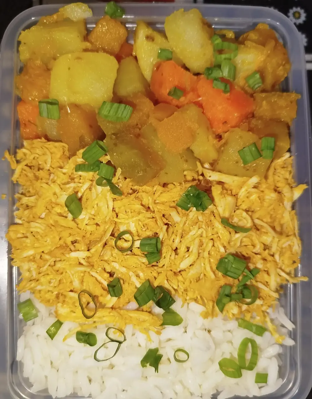 Marmitex fitness: frango desfiado, legumes e arroz
